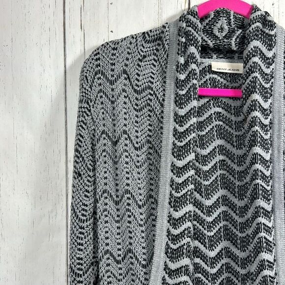 DKNY Jeans Gray Chevron Knit Belted Cardigan Cozy Minimalist Soft Grunge - Picture 2 of 13